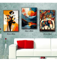 renkli ağaç fil kadın gün batımı tablosu 3 adet 35cmx50cm kumaş baskılı canvas tablo