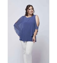 4050 Indigo Taşlı Pelerinli Şifon Büyük Beden Şık Bluz