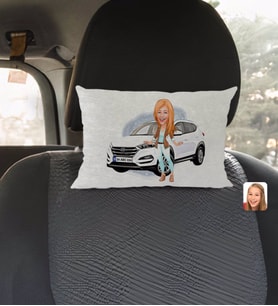BK Gift Kişiye Özel Plakalı Kadın Hyundai Tucson Karikatürlü Dikdörtgen Araç Koltuk Yastığı-1