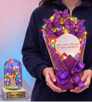 Renkli Led Işıklı Aynalı Mor Kelebek Buketi (Kişiye Özel Renkli Işıklı Fanus Hediyeli) (Model 2)