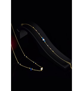 925 Ayar Gümüş Gold Kaplama Incili ,Dört Lacivert Kare Boncuklu Set