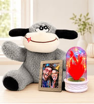 Kişiye Özel Fotoğraflı Renkli LED Işıklı Kırmızı Kalpli Fanus ve Peluş Eşek Sevgiliye Kadına Hediye