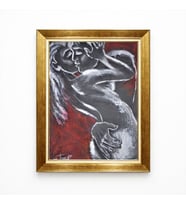 Tablore Altın Çerçeveli Soyut Aşk ve Öpücük Temalı Yağlı Boya Dokulu Modern Salon Yatak Odası Tablosu