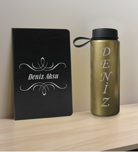 BK Gift Kişiye Özel İsimli Siyah Defter ve Gold Cam Matara Hediye Seti-7, Sevgiliye Hediye, Arkadaşa Hediye, Yeni İş Hediyesi
