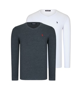 İKİLİ SET T8587 DEWBERRY V YAKA ERKEK SWEATSHIRT-BEYAZ-ANTRASİT