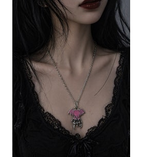 Gotik Kalp Kanatlı İskelet El Kolye Pembe Detaylı Unisex Metal Zincir