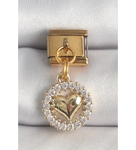 316L Çelik Gold Renk Sallantı Zirkon Taşlı Kalp Model Nomination Charm
