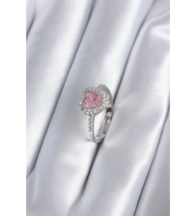 Pirinç Gümüş Renk Pembe Zirkon Taş Kalp Charm Model Kadın Yüzük TJ-BYK2859