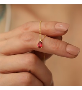925 Ayar Gümüş Kırmızı Taşlı Damla Kolye (Gold)