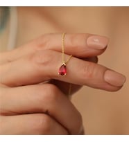 925 Ayar Gümüş Kırmızı Taşlı Damla Kolye (Gold)