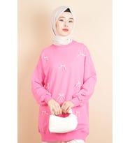 Tesettür Sweat Ön İnci Fiyonklu Sweat Pembe
