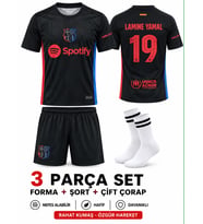 Barcelona Lamine Yamal Siyah Retro Futbol Çocuk Forması 4'lü Set Çorap+Bileklik Hediyeli