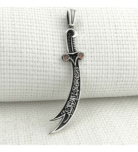 Kırmızı Taşlı La Feta İlla Ali La Seyfe İila Zulfikar Kral Zincir 925 Ayar Gümüş Erkek Kolye