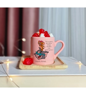 Tom & Jerry Tasarımlı Kişiye Özel Pembe Türk Kahvesi Fincanı
