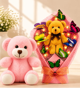 LED Işıklı Peluş Ayıcık Buketi ve Pembe Peluş Ayıcık Sevgiliye Arkadaşa Anneye Kadına Hediye