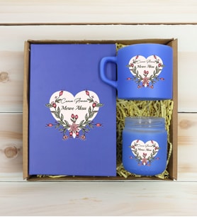 BK Gift Kişiye Özel İsimli DTF Anne Temalı Mavi Defter & Kahve Fincanı & Mum Hediye Seti-5, Anneye Hediye, Anneler Günü Hediyesi