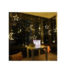 Renkli Led Işıklı Eklemeli Ay Yıldız Perde, 2,80 x 75 cm, Dekoratif ve Şık (Krem)