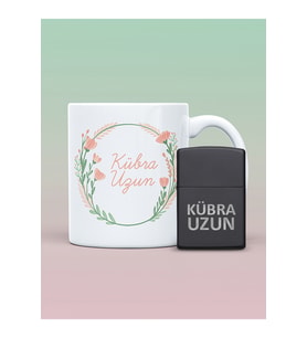 Çiçek Desenli İsimli Kupa Bardak ve Kişiye Özel İsimli Zippo (Siyah - Beyaz)