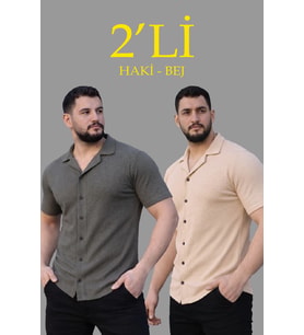 Erkek Waffle Dokuma Kumaş Açık Yakalı Düğmeli Gömlek 2 li Set Haki-Bej