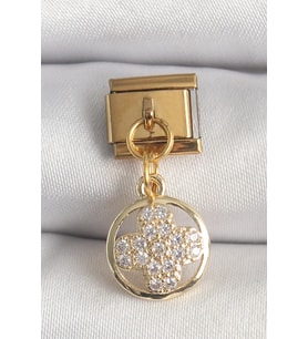 Tegan 316L Çelik Gold Renk Sallantı Zirkon Taşlı Yonca Model Nomination Charm TG27BC1340 (Çok Renkli)
