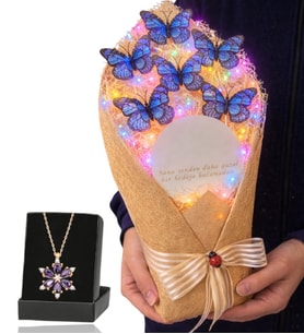Gerçek Ametist Taşlı Lotus Kolye ve Renkli Led Işıklı Aynalı Kelebek Buketi (Mavi)