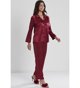 Saten Dantelli Pijama Takımı - 1438 (Bordo)