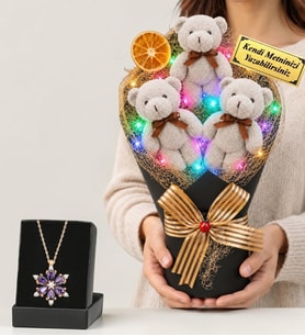 Kişiye Özel Renkli Led Işıklı Gri Peluş Ayıcık Buketi ve Gerçek Ametist Taşlı Lotus Kolye