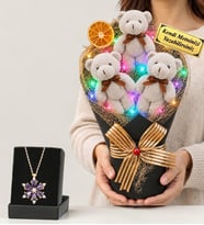 Kişiye Özel Renkli Led Işıklı Gri Peluş Ayıcık Buketi ve Gerçek Ametist Taşlı Lotus Kolye