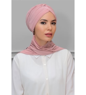 Pudra Pratik Hazır Geçmeli Tesettür Bone Sandy Kumaş Taçlı Büzgülü Şifon Atkılı 1208A_06