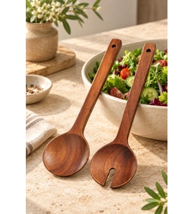 Atbyhome 2'li Akasya Ahşap Salata Servis Kaşığı Seti 27.5 cm - Çatallı Oluklu Sunum Kaşık Çatal Takımı