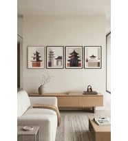 Minimalist Uzak Doğu Mimari 4’lü Ahşap Çerçeveli Tablo Seti