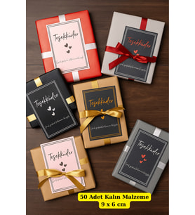 50 Adet Çizgi Detaylı Teşekkür Kartı - 5 Model - Paketleme Kartı - 9x6cm Kalın Parlak (Sarı)