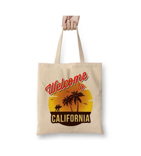 Welcome To California Beyaz Bez Çanta Uzun Saplı Alışveriş Çantası Plaj Çantası
