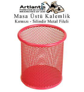 Kırmızı Silindir Masa Üstü Kalemlik 1 Adet Metal Fileli Renkli Perforeli Yuvarlak Kalemlik Ofis Büro Okul