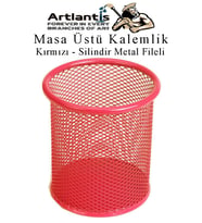 Kırmızı Silindir Masa Üstü Kalemlik 1 Adet Metal Fileli Renkli Perforeli Yuvarlak Kalemlik Ofis Büro Okul