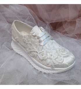 Berush Bride 801 Serisi  Dolgu Topuk Fransız Dantel Gelinlik Ayakkabısı (Sedef)
