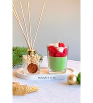 Bulud Design Çubuklu Oda Kokusu PUDRA 3 lü Set Bardakta Kalpli Kokulu Soya Mumu Dekoratif Altın Simli Taş Tepsi