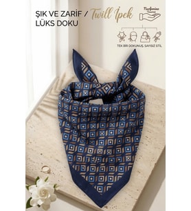 Lacivert Taba Geometrik Desenli Kadın- Twill İpek Dokulu - Çok Amaçlı Kare Bandana Fular 50x50