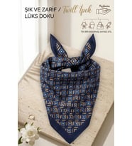 Lacivert Taba Geometrik Desenli Kadın- Twill İpek Dokulu - Çok Amaçlı Kare Bandana Fular 50x50