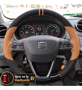 Seat Leon MK3 Dikme Direksiyon Kılıfı Delikli Deri Parlak Siyah Taba Detay Çift Yüzük ve Dikiş 2012-2016