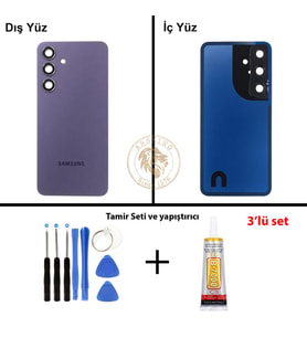 Samsung Galaxy S24 Mor Renk Lensli Arka Kapak + Tamir Seti + B7000 Yapıştırıcı Arka Cam Batarya Kapağı Pil Kapağı Lazer Kesim Back Cover Galaxy S24 Uyumlu