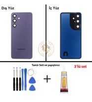 Samsung Galaxy S24 Mor Renk Lensli Arka Kapak + Tamir Seti + B7000 Yapıştırıcı Arka Cam Batarya Kapağı Pil Kapağı Lazer Kesim Back Cover Galaxy S24 Uyumlu