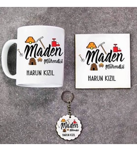 Maden Mühendisi Kupa Bardak Altlık ve Anahtarlık Hediye Seti (Model 1)