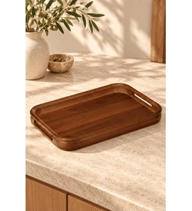 Atbyhome Akasya Ahşap Kulplu Servis Tepsisi 38x24x4 cm - Dikdörtgen Kahvaltı Ve Kahve Sunum Tepsisi