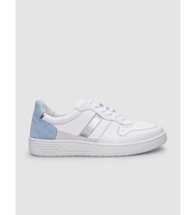 %100 Hakiki Deri Beyaz - Mavi Bağcıklı Kadın Sneaker