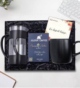 Siyah French Press & Alerya Premıum Filtre Kahve & Siyah Kupa Hediye Seti