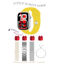 Samsung Galaxy Z Flip Uyumlu Sarı Akıllı Saat Watch 10 Mini Kordon Hediyeli AMOLED EKRAN 41MM (Gümüş-Sarı)