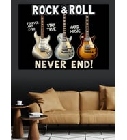 Elektro Gitarlar Ve Rock'N Roll Asla Bitmez Yazısı Dekoratif Kanvas - Mdf Ahşap Tablo