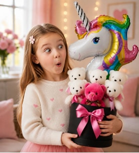 Unicorn Balonlu 6 Peluş Ayıcıklı Premium Hediye Kutusu Kız Çocukları İçin Eğlenceli Doğum Günü Hediyesi