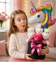 Unicorn Balonlu 6 Peluş Ayıcıklı Premium Hediye Kutusu Kız Çocukları İçin Eğlenceli Doğum Günü Hediyesi